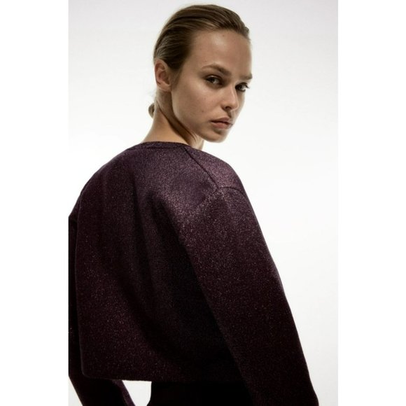 🌸SOLD🌸NWT Zara Purple Sparkly Shimmer Metallic Button Cropped Cardigan Sweater - Picture 4 of 9